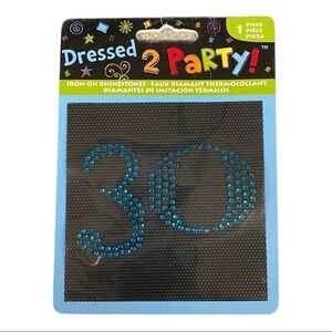 Dressed 2 Party "30" Blue‎ Rhinestones Iron on 3x2"